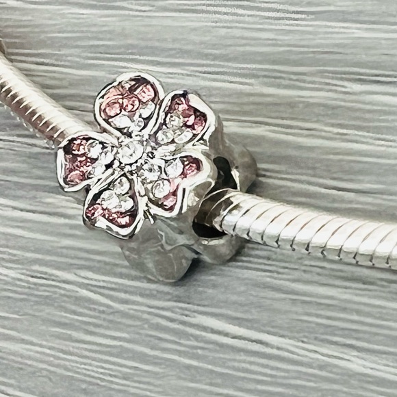Paved crystal Silver plated flower bracelet charm - Picture 2 of 6